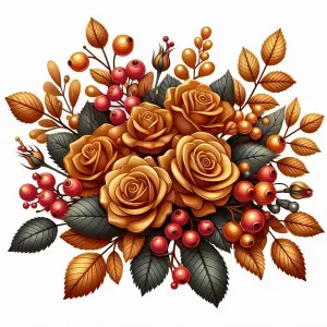Autumn Floral Bouquet with Golden Roses and Red Berries