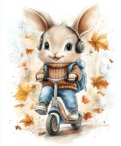 Cute Bunny Riding Scooter with Headphones in Autumn