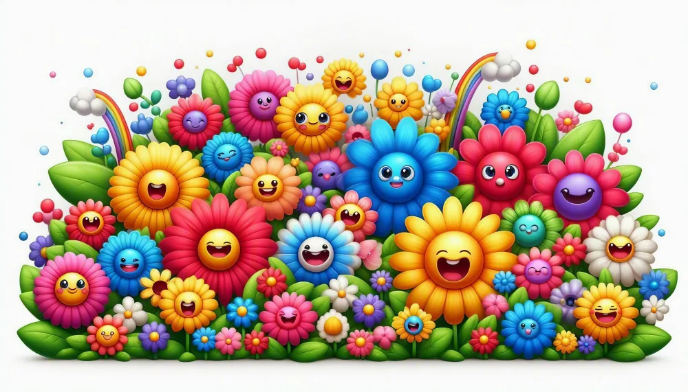Colorful Cartoon Flowers with Smiling Faces and Rainbows