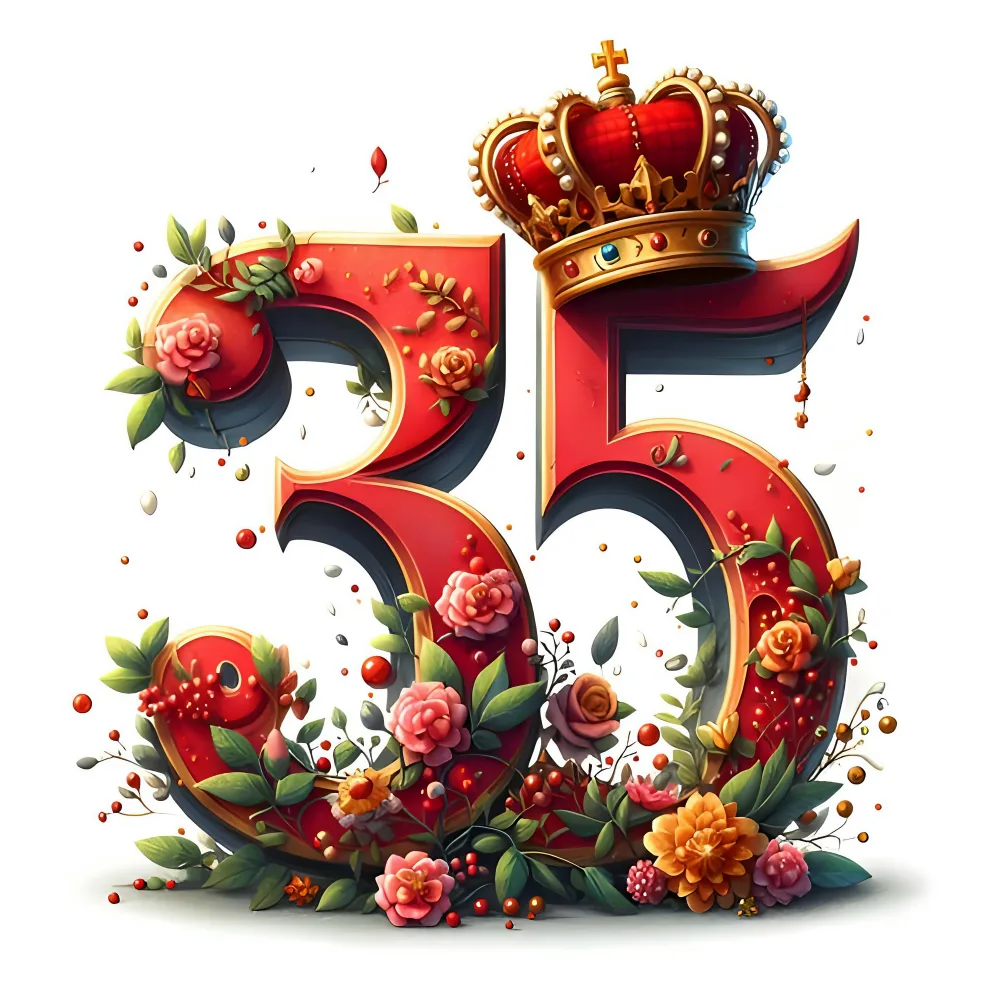Red Number 35 with Floral Decorations and Royal Crown