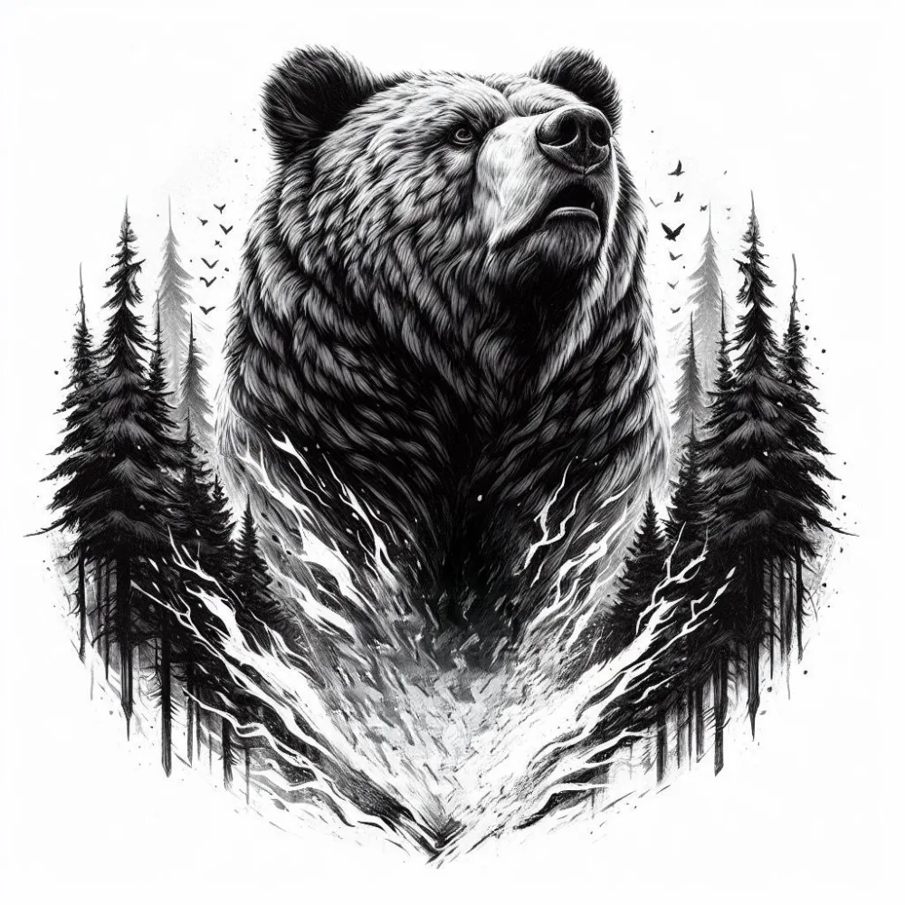 Black and White Illustration of a Powerful Bear Emerging from Forest