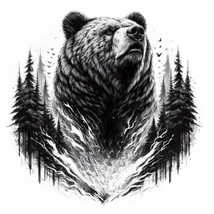 Black and White Illustration of a Powerful Bear Emerging from Forest