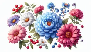 Colorful Floral Arrangement with Blue, Pink, and Purple Flowers and Red Berries