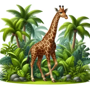 Giraffe Walking Among Lush Tropical Plants