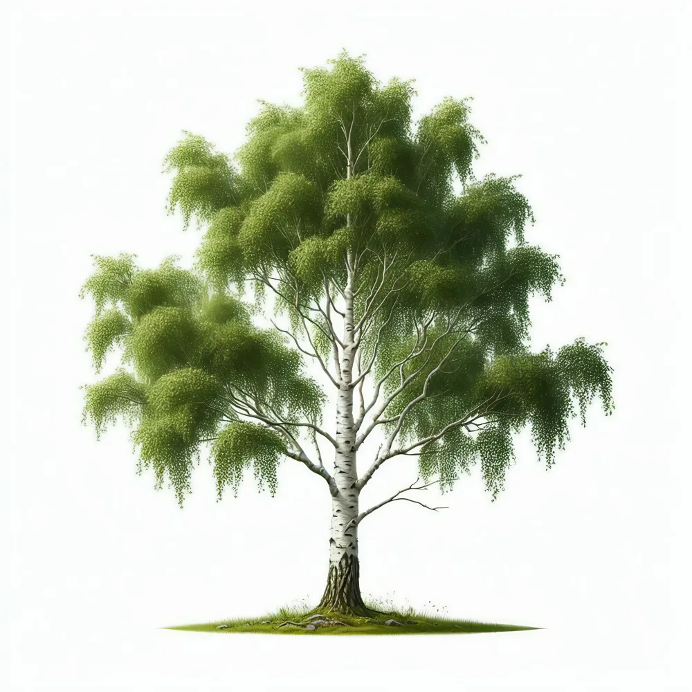 Mature Birch Tree with Fresh Green Leaves on White Background
