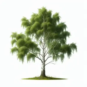 Mature Birch Tree with Fresh Green Leaves on White Background