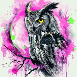 Digital Art of a Fierce Owl with Yellow Eyes and Pink Background