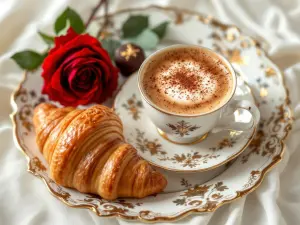 Elegant Breakfast Setting with Cappuccino, Croissant, and Red Rose