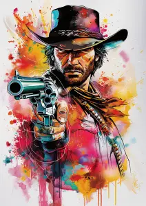 Colorful Artistic Illustration of a Cowboy Aiming a Revolver