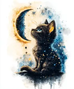 Illustration of a Black Cat Gazing at a Glowing Crescent Moon
