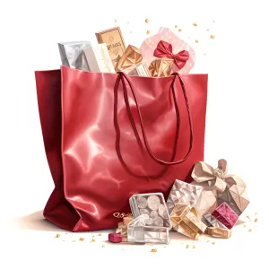 Red Shopping Bag Full of Wrapped Gifts and Chocolates