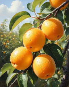 Ripe Apricots on Branch with Dew Drops in Orchard