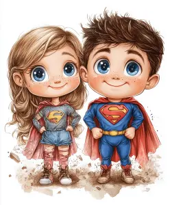 Cute Cartoon Children Dressed as Superman and Supergirl