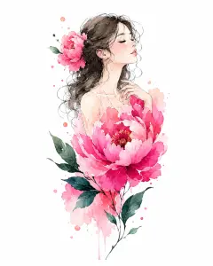 Watercolor Portrait of Woman with Large Pink Peony Flowers