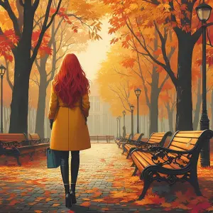 Woman Walking in Autumn Park with Orange Foliage and Benches