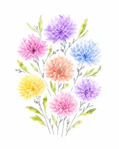 Colorful Watercolor Chrysanthemum Flowers Bouquet