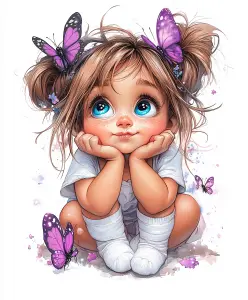 Adorable Young Girl with Big Blue Eyes and Purple Butterflies