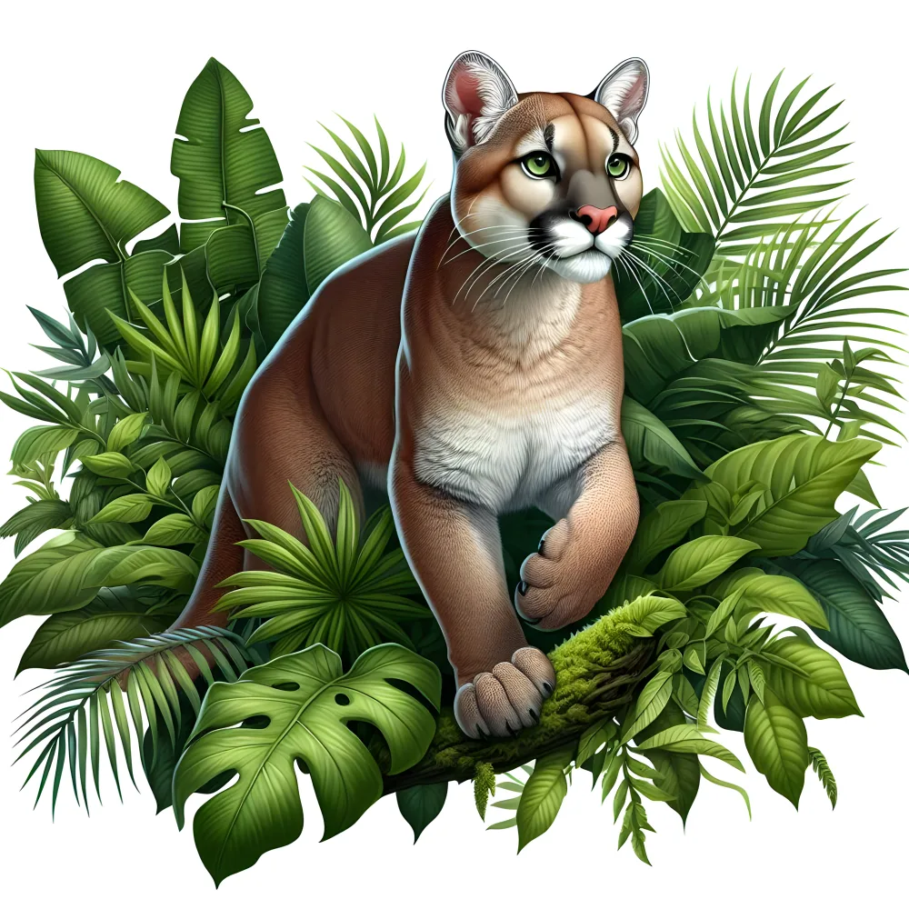 Mountain Lion Walking Through Lush Jungle Foliage