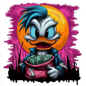 Stylized Duck Character Holding Money Bag Against Orange Moon