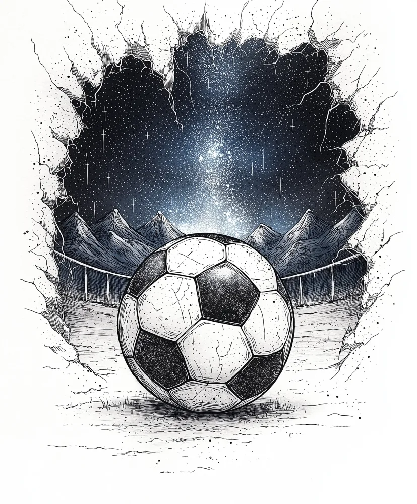 Surreal Soccer Ball with Mountain and Starry Night Background