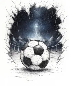 Surreal Soccer Ball with Mountain and Starry Night Background
