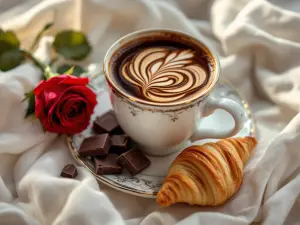 Cup of Coffee with Latte Art, Croissant, Red Rose, and Chocolate Pieces