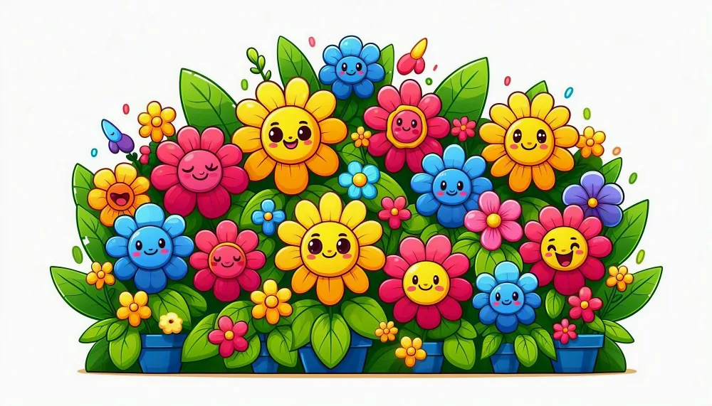 Colorful Cartoon Flowers with Smiley Faces in Pots