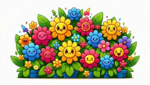 Colorful Cartoon Flowers with Smiley Faces in Pots