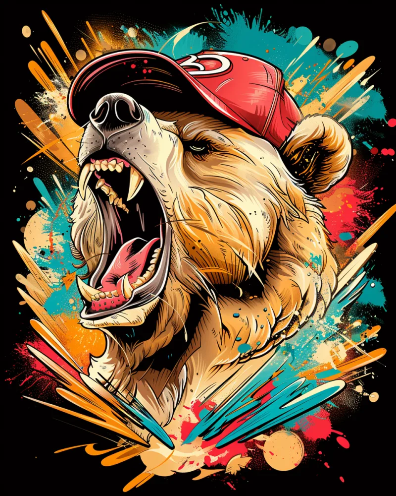 Roaring Bear Wearing Red Cap in Colorful Graffiti Art