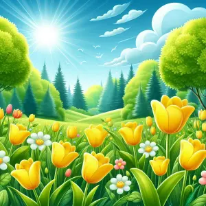 Sunny Spring Meadow with Yellow Tulips and Lush Green Trees