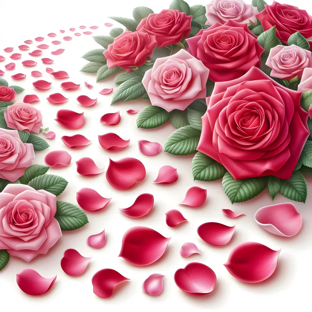 Red and Pink Roses with Scattered Petals and Green Leaves on White Background