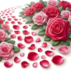 Red and Pink Roses with Scattered Petals and Green Leaves on White Background