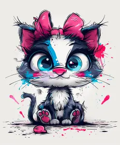 Cute Cartoon Kitten with Pink Bow and Colorful Paint Splashes