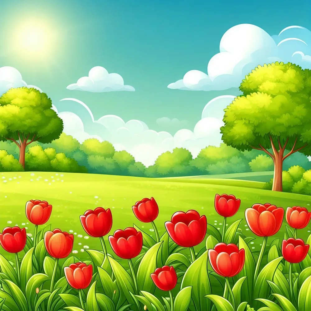 Sunny Spring Meadow with Red Tulips and Lush Green Trees