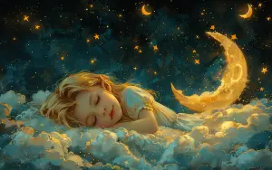 Dreamy Child Sleeping on Clouds Under Starry Night Sky