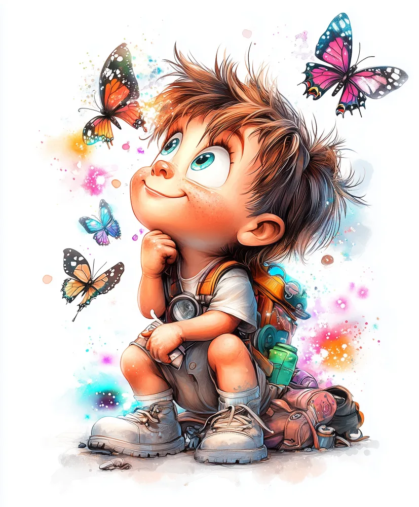Illustration of Happy Child with Backpack Watching Colorful Butterflies