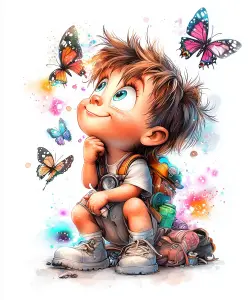 Illustration of Happy Child with Backpack Watching Colorful Butterflies