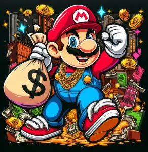 Cartoon Character Holding Money Bag with Coins and Bills