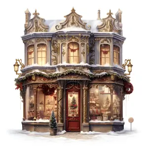 Ornate Victorian Christmas Storefront in Snow