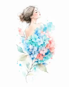 Watercolor Portrait of a Woman with Hydrangea Flowers