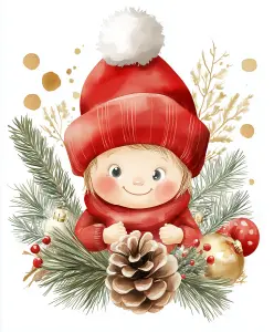 Cute Child in Red Winter Hat with Christmas Pinecone and Decorations