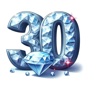 3D Number 30 Made of Diamonds with Sparkling Gems
