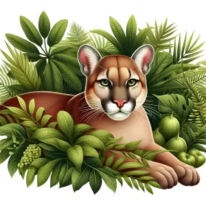 Cougar Resting Among Lush Tropical Foliage