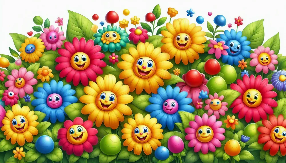 Happy Smiling Cartoon Flowers with Colorful Faces