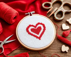 Red Heart Cross Stitch Embroidery with Sewing Tools