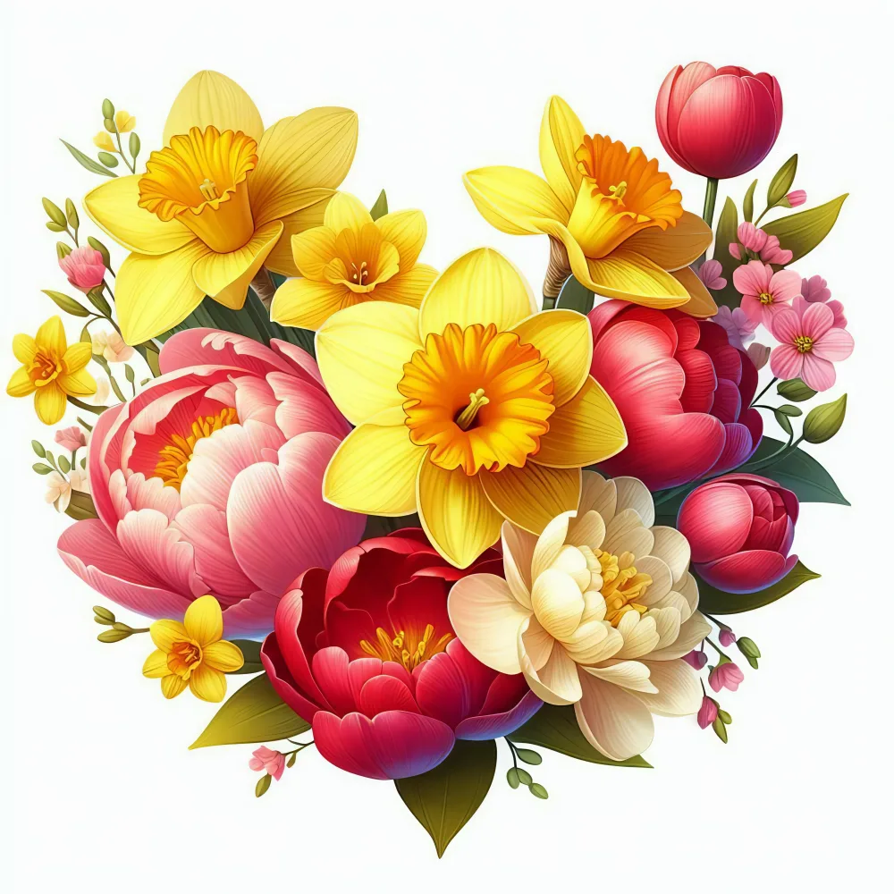 Bright Floral Heart Bouquet with Daffodils and Peonies