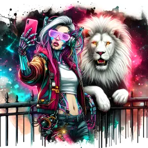 Cyberpunk Woman Taking Selfie with White Lion in Neon Galaxy
