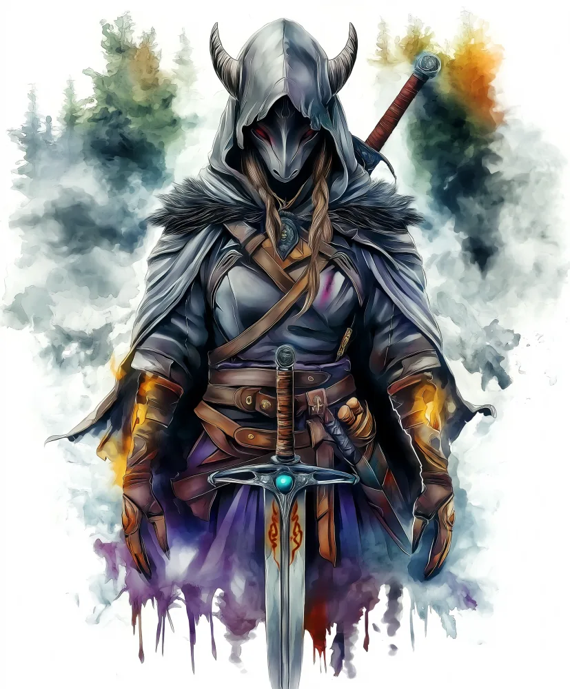 Dark Fantasy Warrior in Horned Hooded Armor with Sword