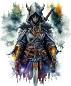 Dark Fantasy Warrior in Horned Hooded Armor with Sword