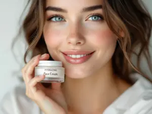 Smiling Woman Holding Hydrating Face Cream Jar